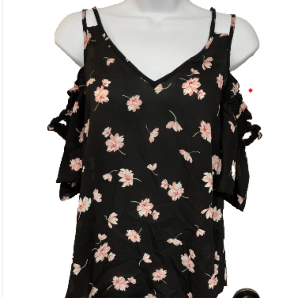 Sienna Sky Ladies Small Cold-off Shoulder V Neck Sheer Floral Multicolor Top